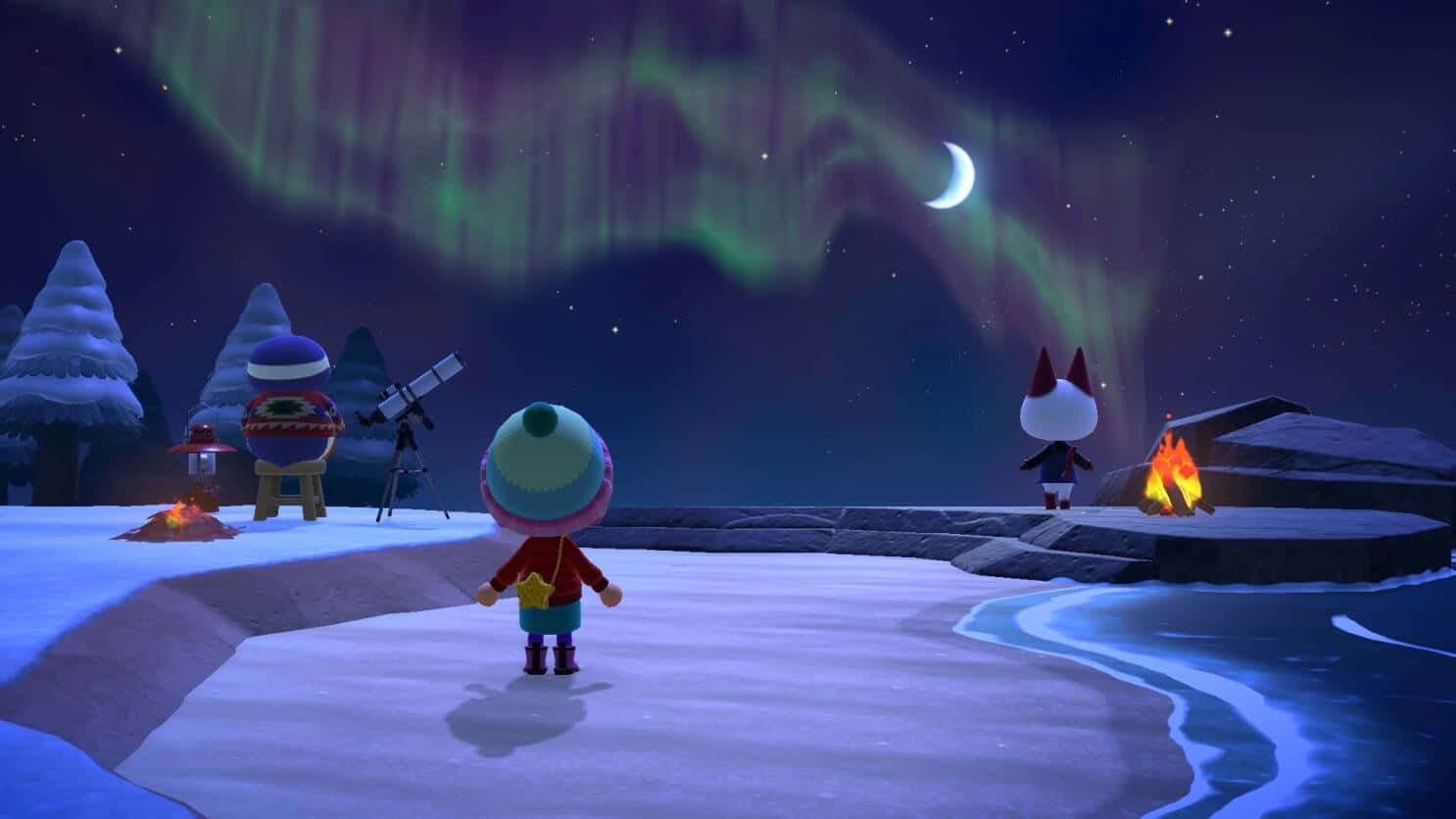 Animal Crossing Northern Lights Winter Night Wallpaper