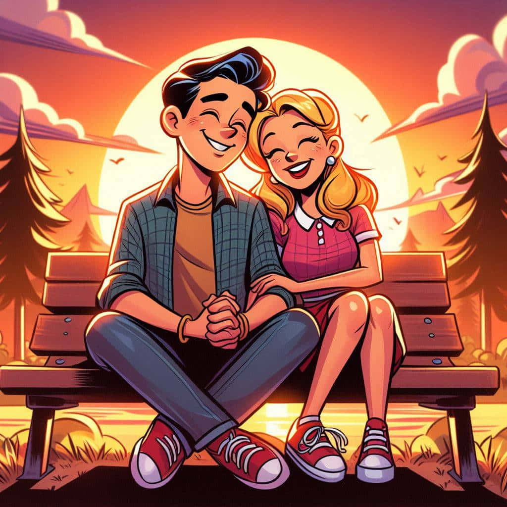 Animated Couple Sunset Park Bench Wallpaper