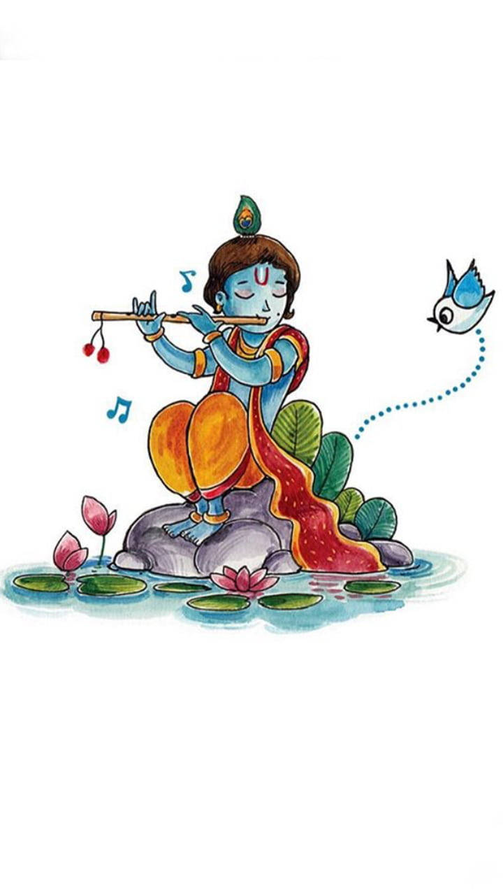 Animated Krishna Loves Music Wallpaper