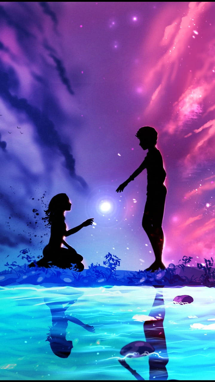 Animation Anime Couple On Water Purple And Pink Wallpaper
