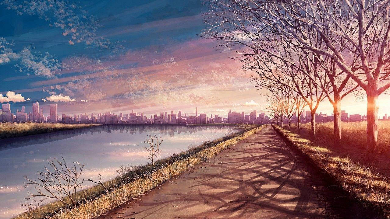 Anime Aesthetic Sunset And Lake Park Wallpaper