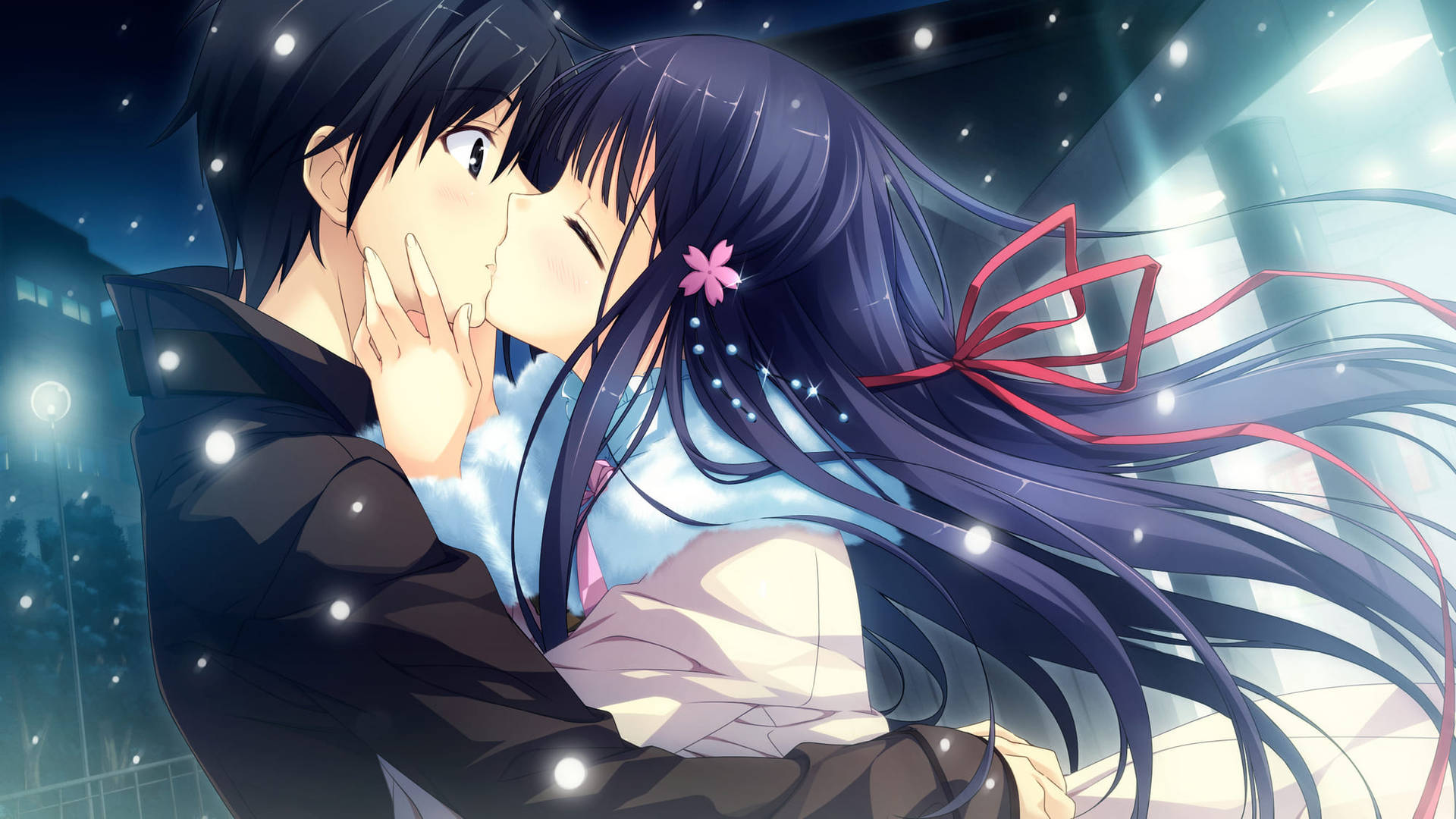 Download free Anime Couple Kiss Blue Haired Wallpaper - MrWallpaper.com