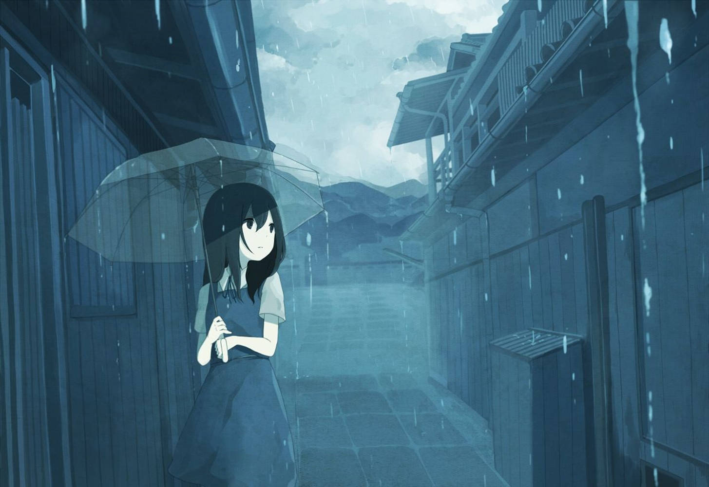 Anime Girl Sad Alone With Umbrella In Rain Wallpaper