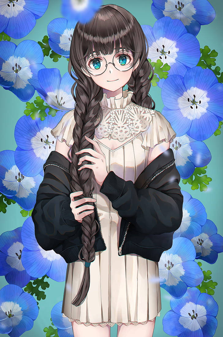 Anime Girl Surrounded By Blue Flower Iphone Wallpaper