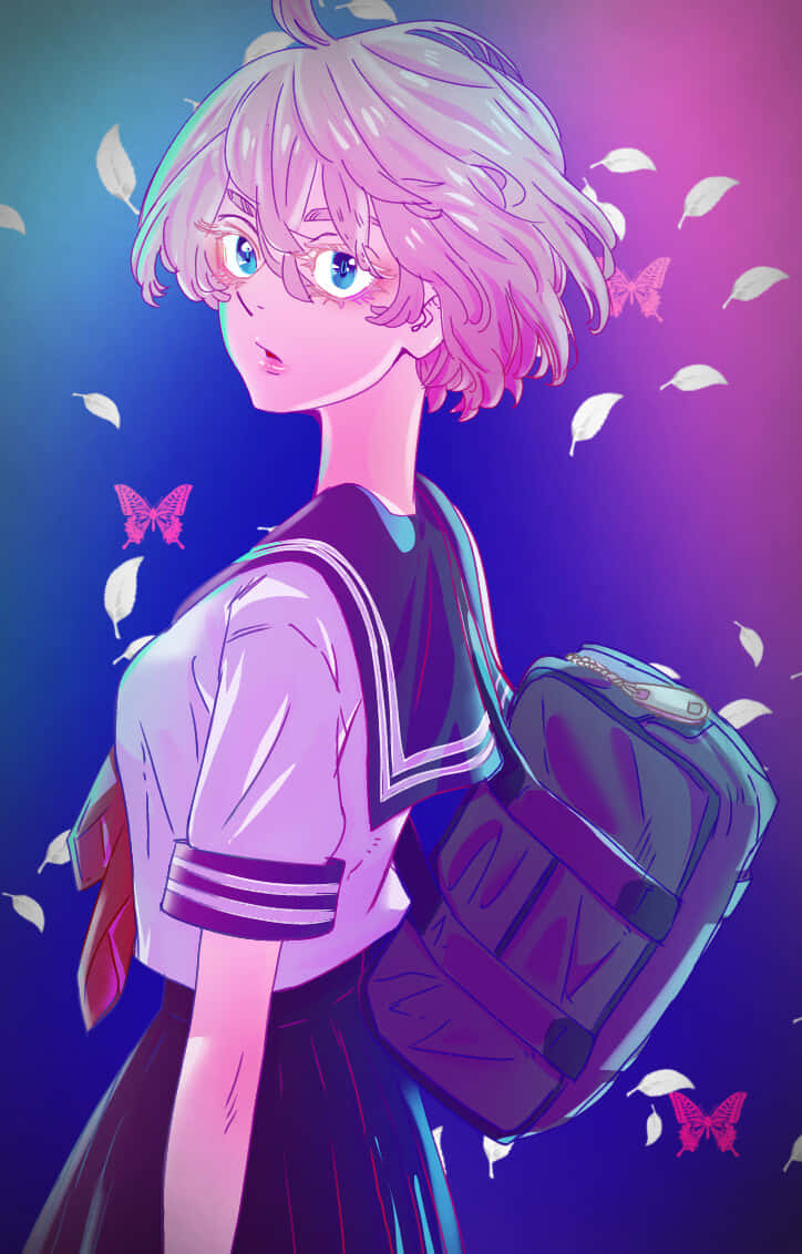 Anime Girl With Backpack And Butterflies Wallpaper