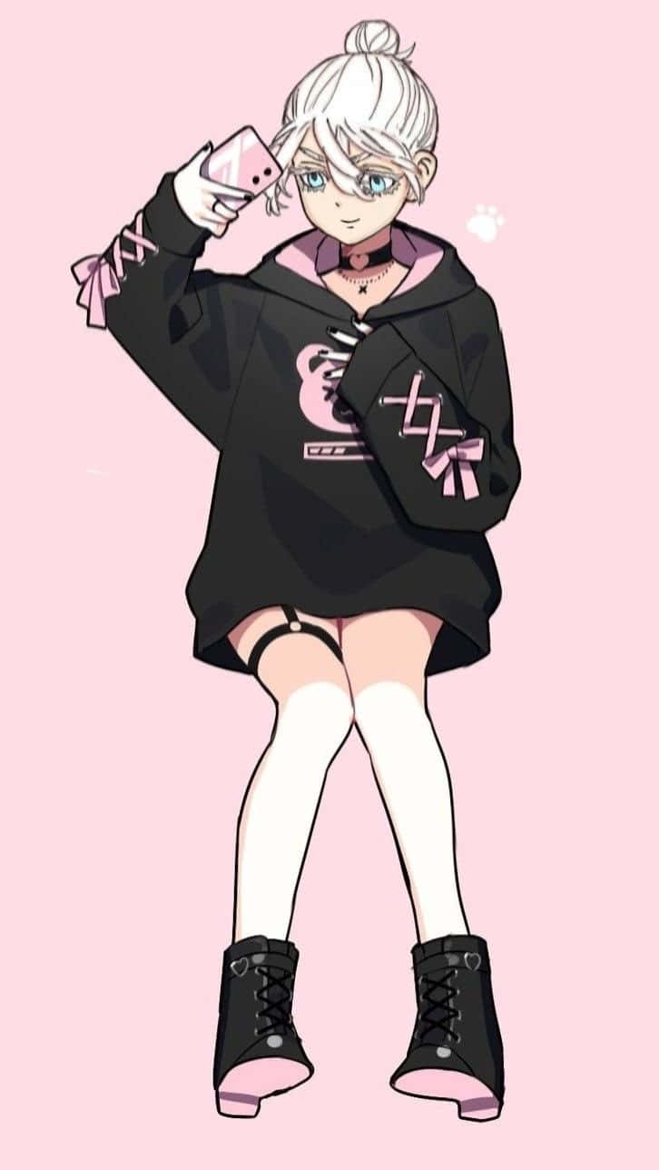 Anime Girl With Phoneand Oversized Hoodie Wallpaper