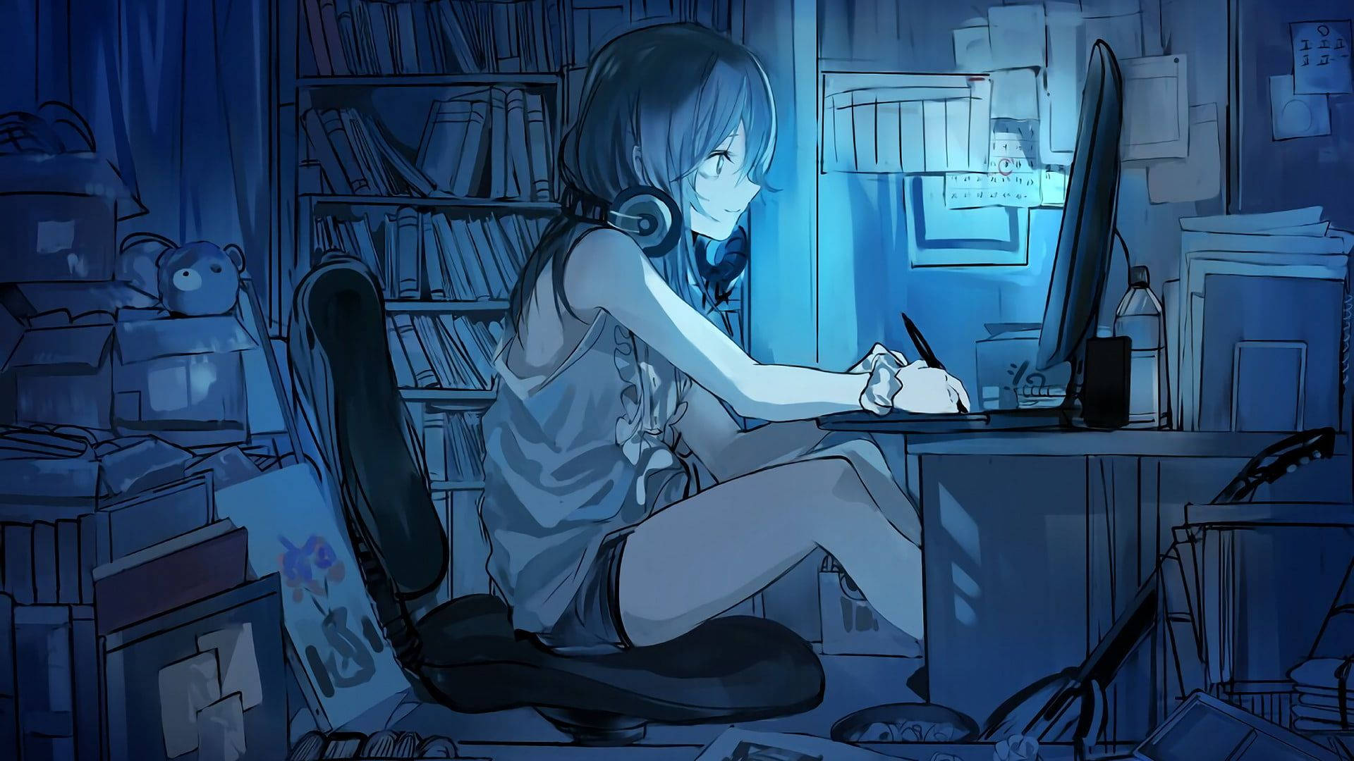 Download free Anime Girl Working With Her Laptop In A Dim Room Wallpaper -  MrWallpaper.com