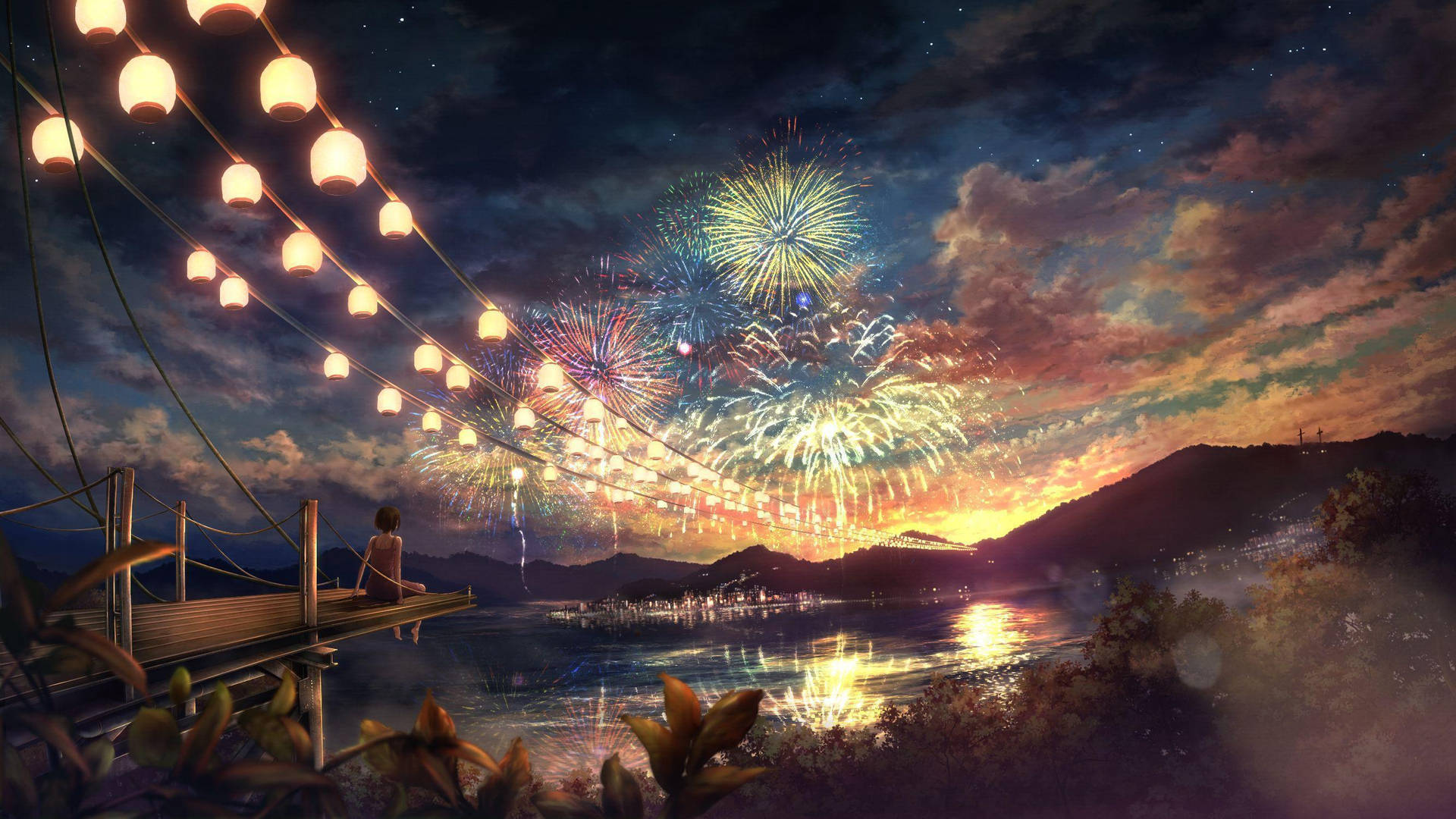 Download Romantic Anime Couples Fireworks Boat Wallpaper | Wallpapers.com