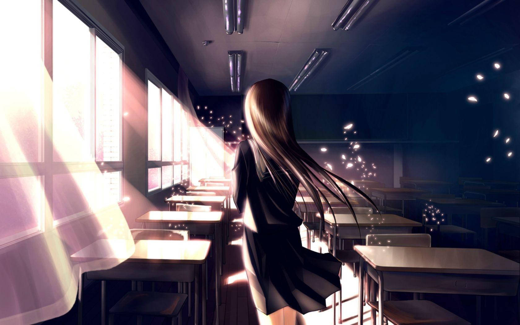 Anime School Scenery Girl In Empty Classroom Wallpaper