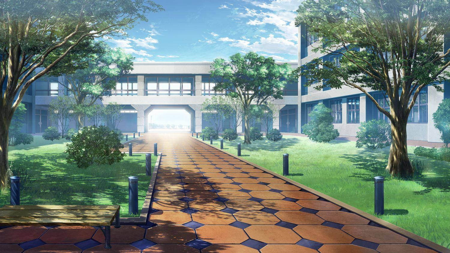 Anime School Scenery Tiled Pathway Wallpaper