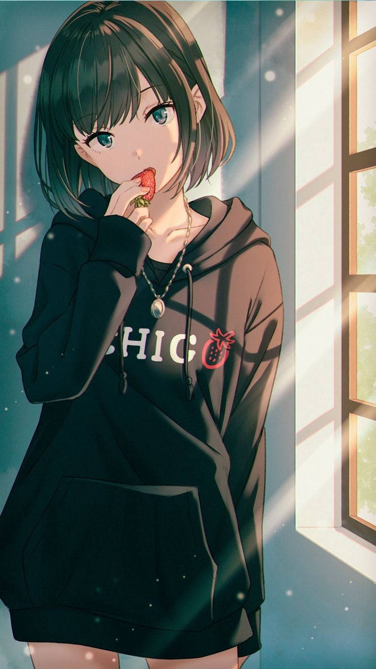 Anime Waifu Eating Strawberry In Black Hoodie Wallpaper