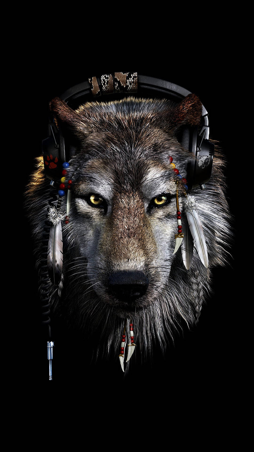 Anime Wolf With Headphones On Black Wallpaper