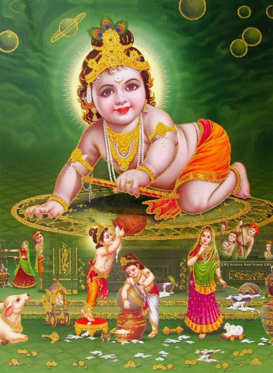 Baby Krishna Ji In Green Background Wallpaper