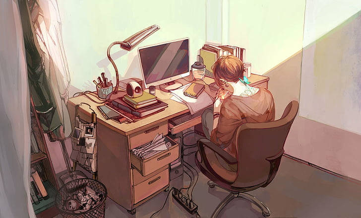 Backview Of Anime Guy's Laptop Workstation Wallpaper