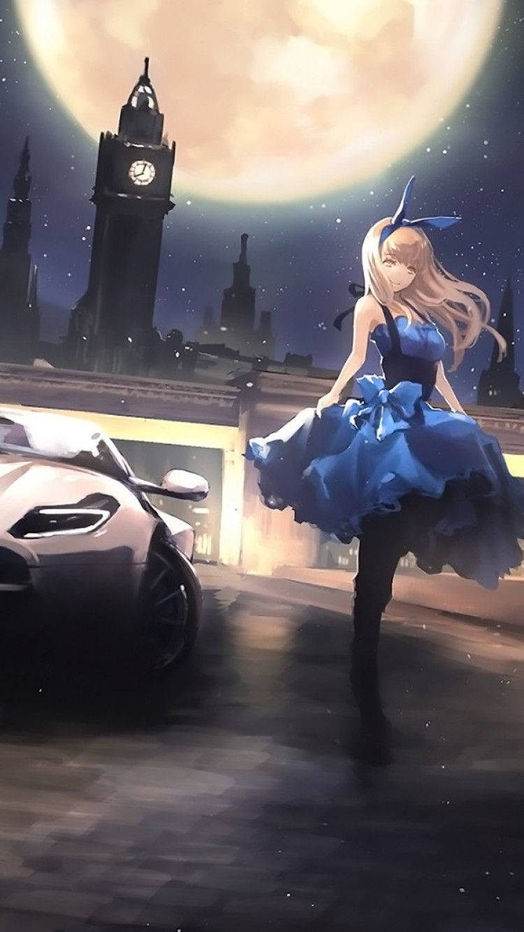 Bad Girl Anime Sports Car Night Wallpaper