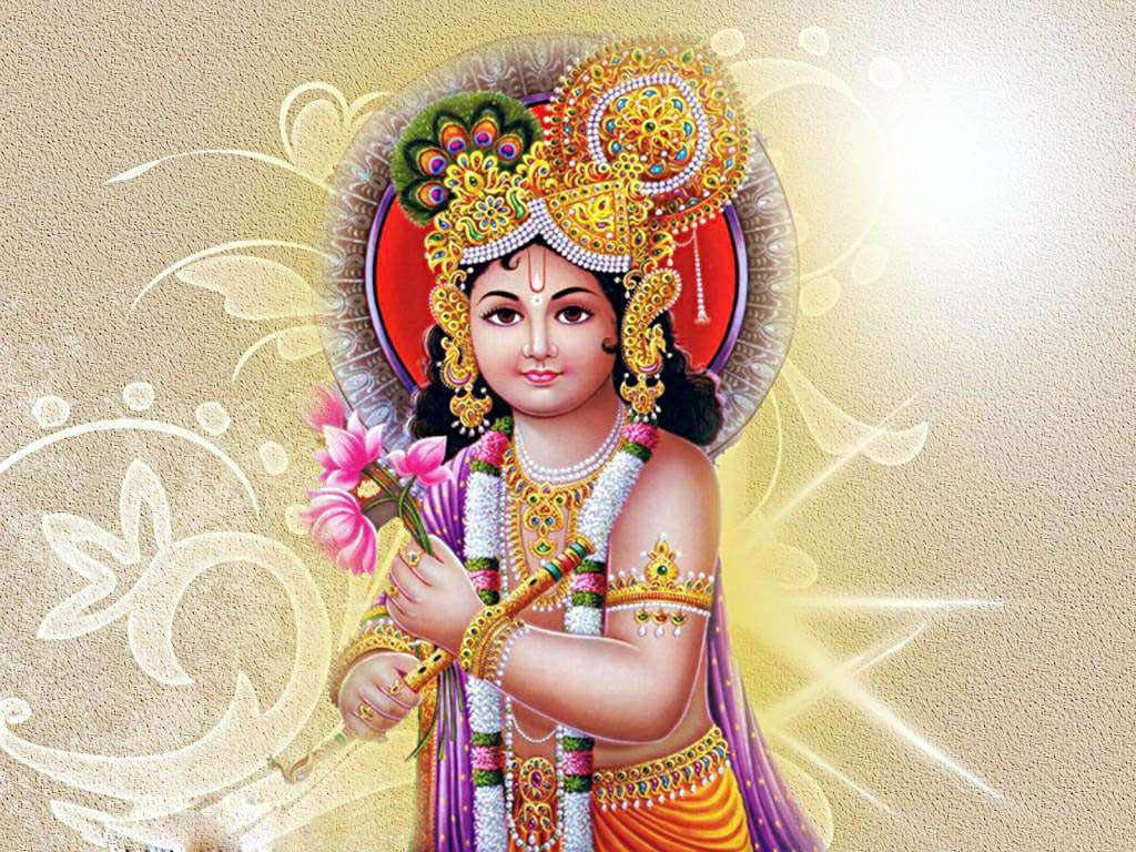 Bal Krishna With Flute And Lotus Flowers Wallpaper