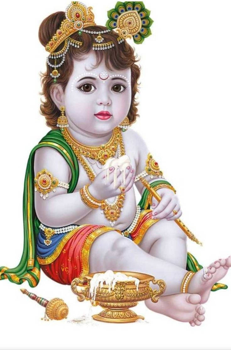 Bal Krishna With Milk Curd And Flute Wallpaper