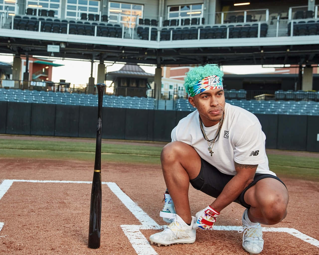 Baseball Player Crouching Near Home Plate Wallpaper