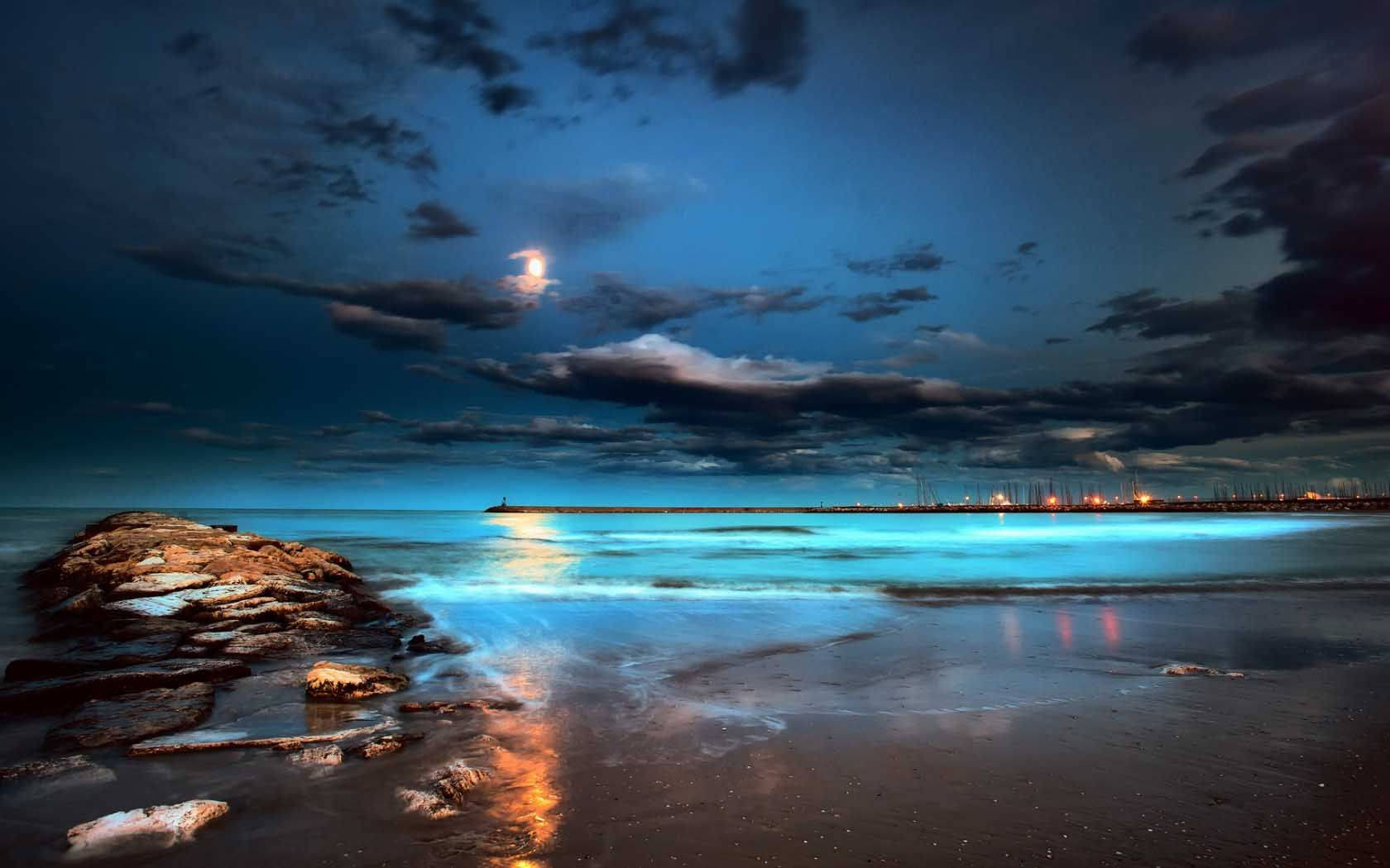 Beach Night Glowing Sea Water Wallpaper