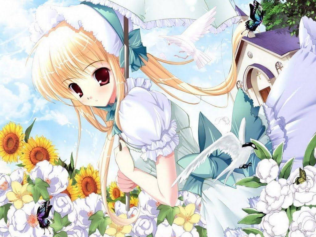 Beautiful Anime Girl In Flower Field Wallpaper