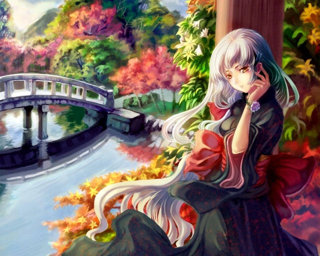 Beautiful Anime Princess On A Water Bridge Wallpaper