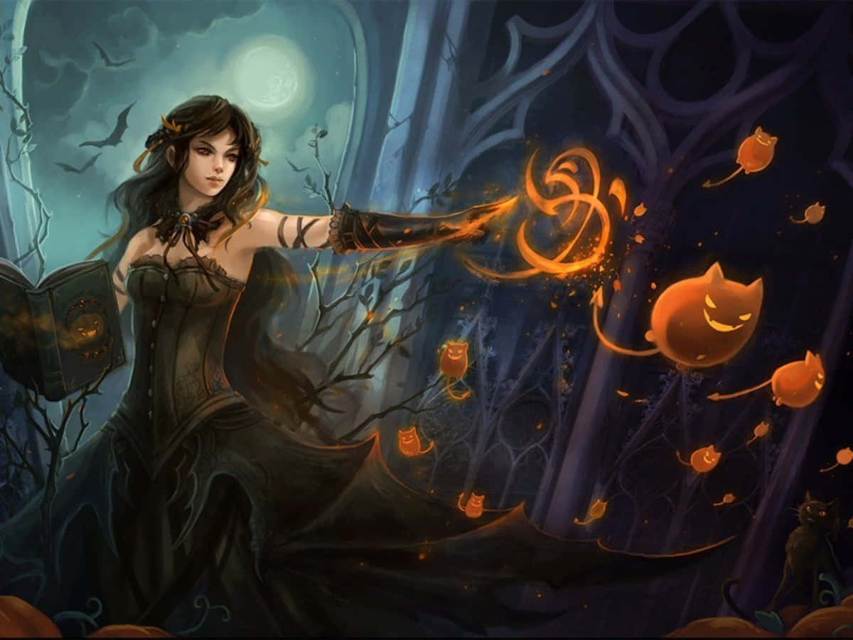 Beautiful Halloween Witch In Black Dress Wallpaper