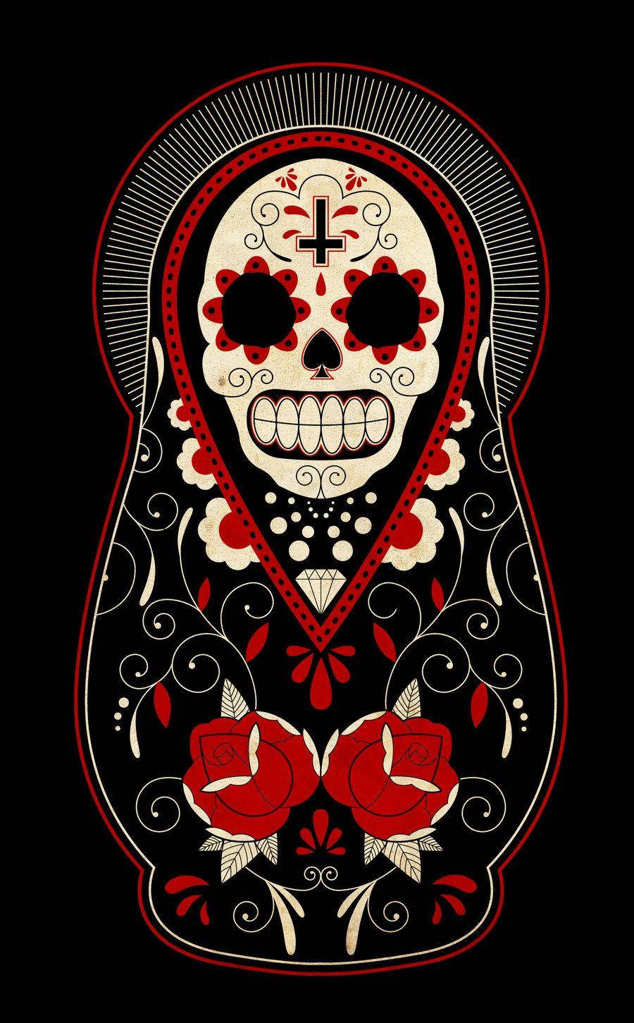 Black And Red Day Of The Dead Skull Wallpaper