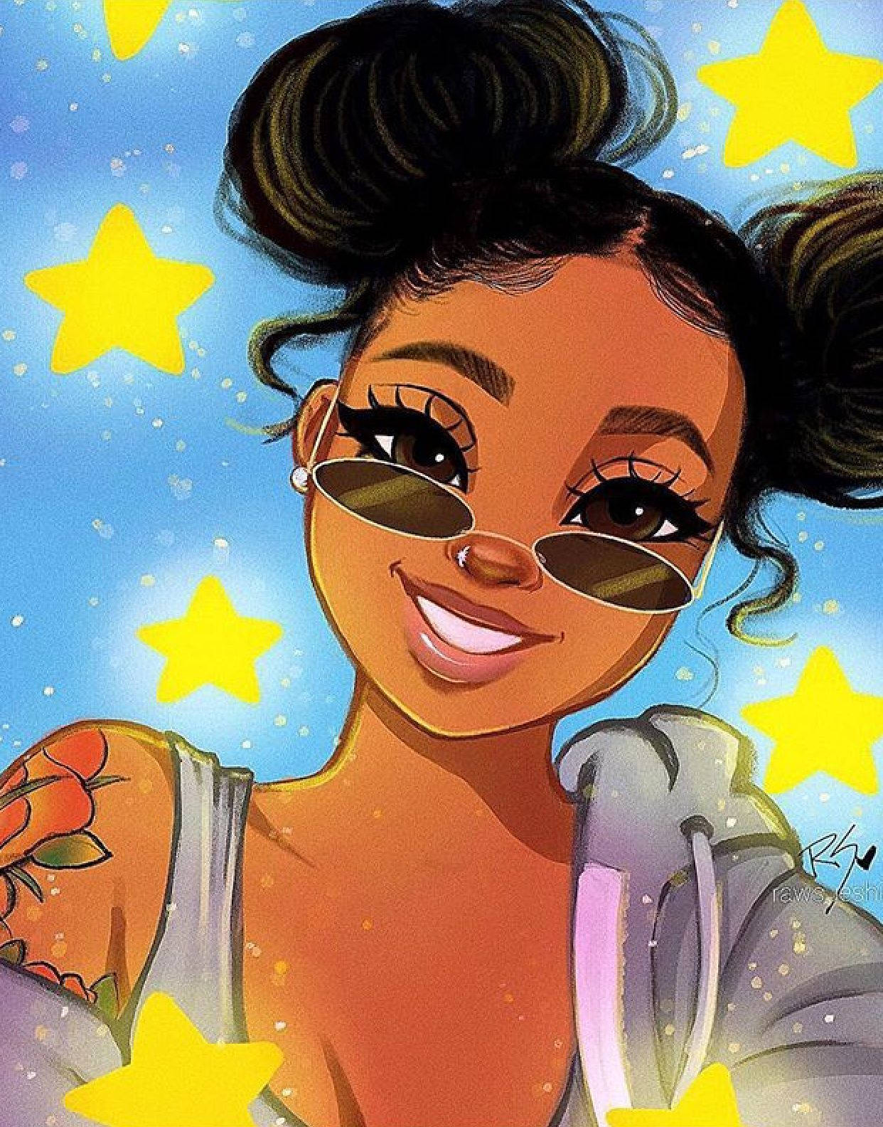 Black Cartoon Girl Surrounded By Stars Wallpaper