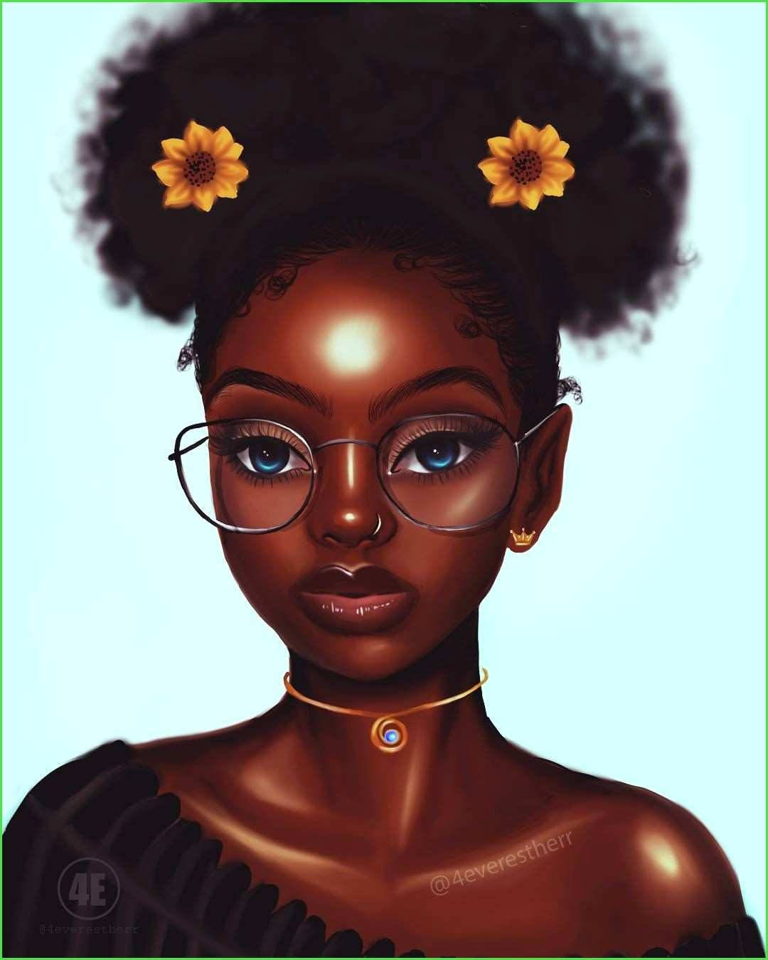 Black Cartoon Girl With Hair Flowers Wallpaper