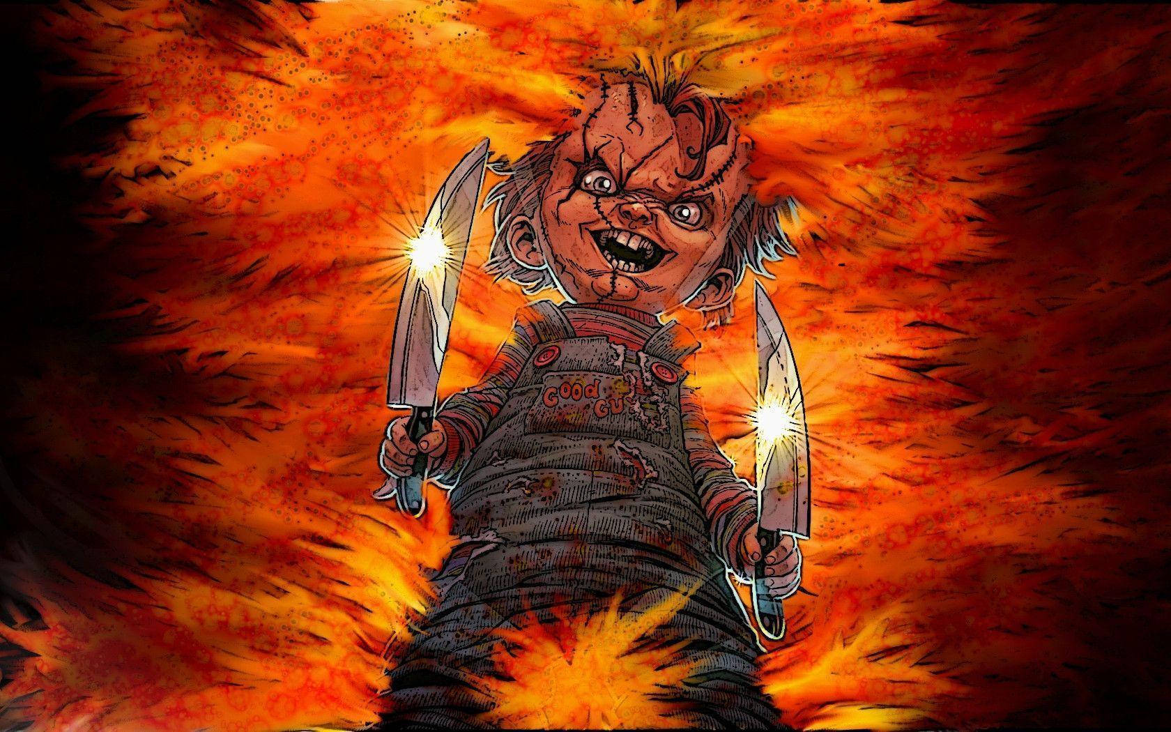 Blazing Chucky Holding Two Knives Wallpaper