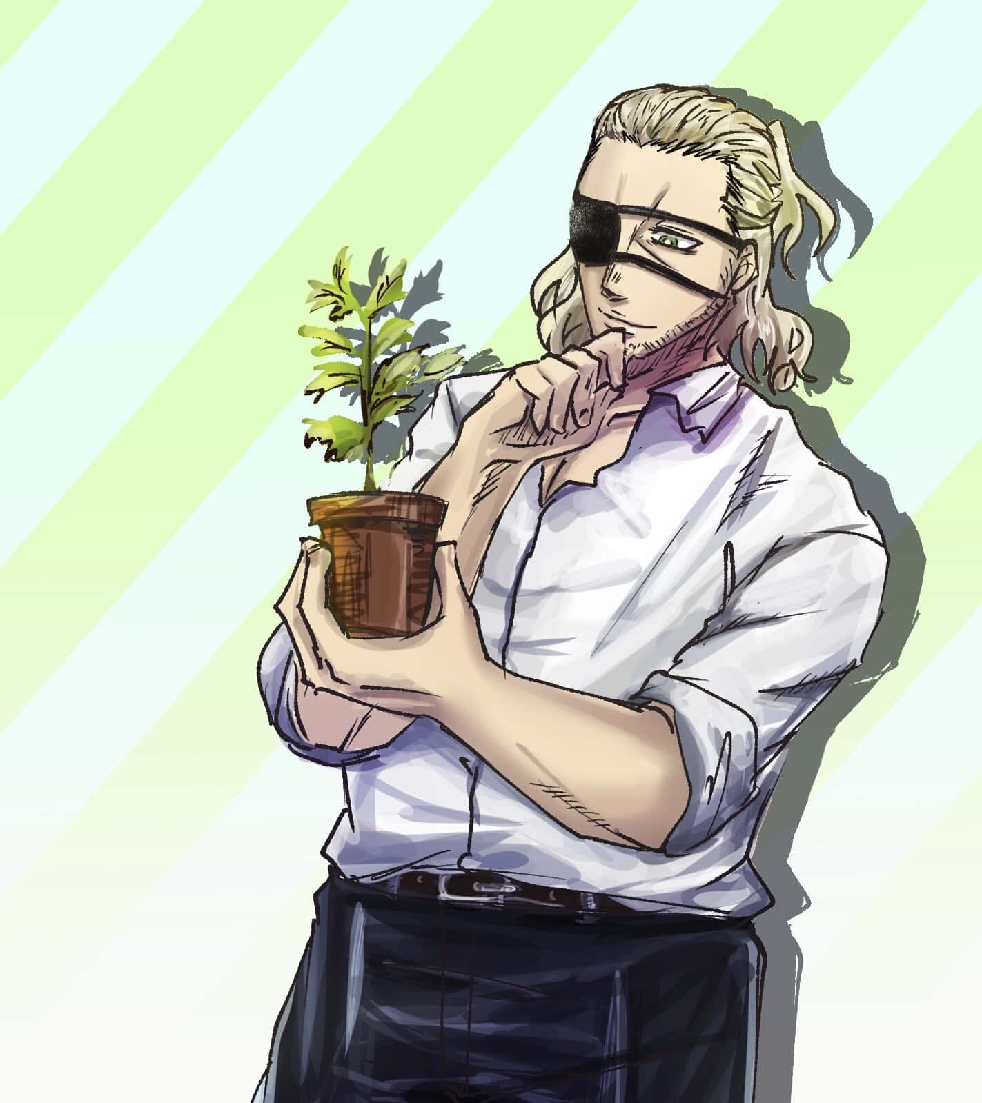 Blindfolded Man Holding Plant Wallpaper