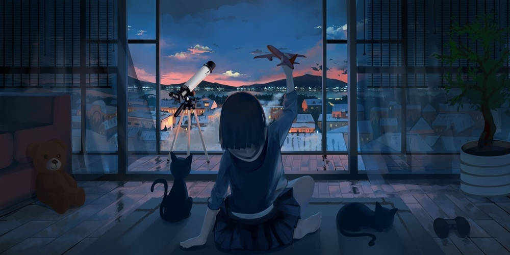 Blue Anime Girl Cat Telescope Aesthetic Wallpaper