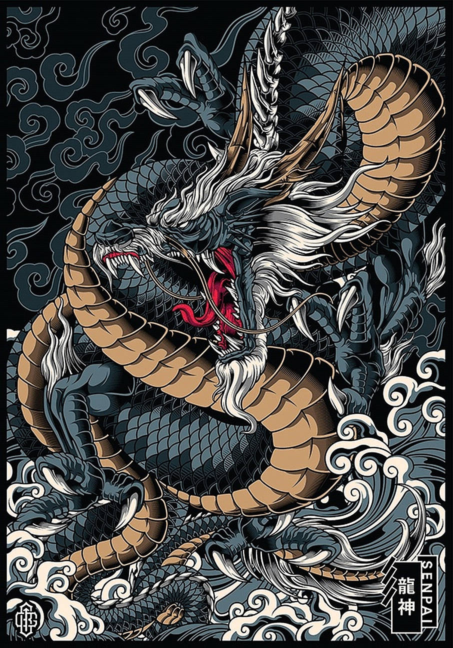 Blue Gold Japanese Dragon Tattoo Wallpaper