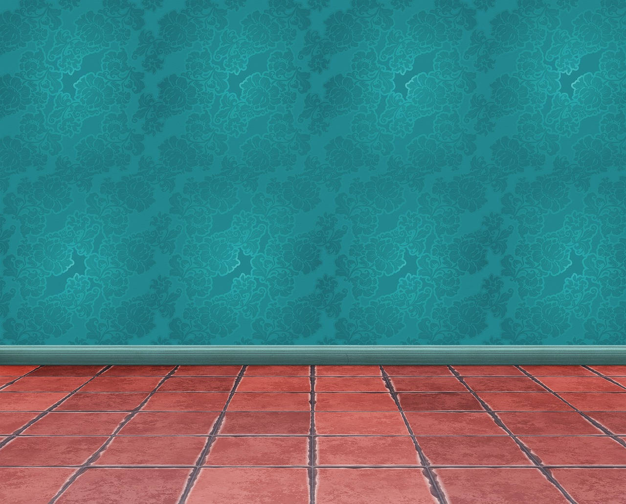 Blue Green Wallpaper With Red Oxide Floor Tiles Wallpaper