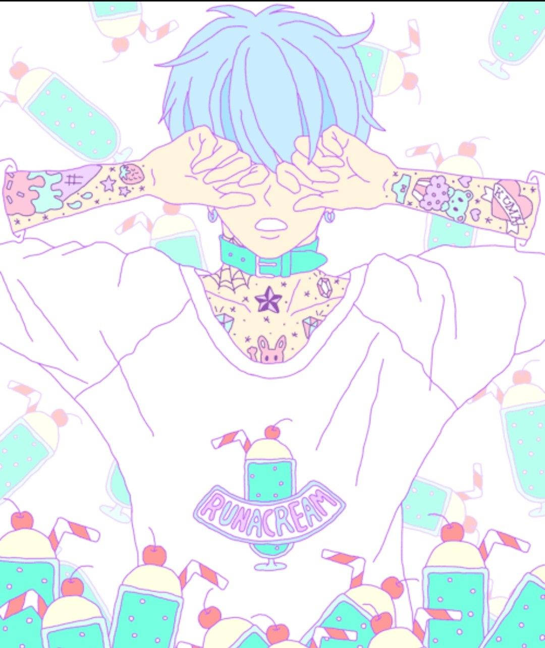 Blue-haired Aesthetic Anime Boy Cream Wallpaper