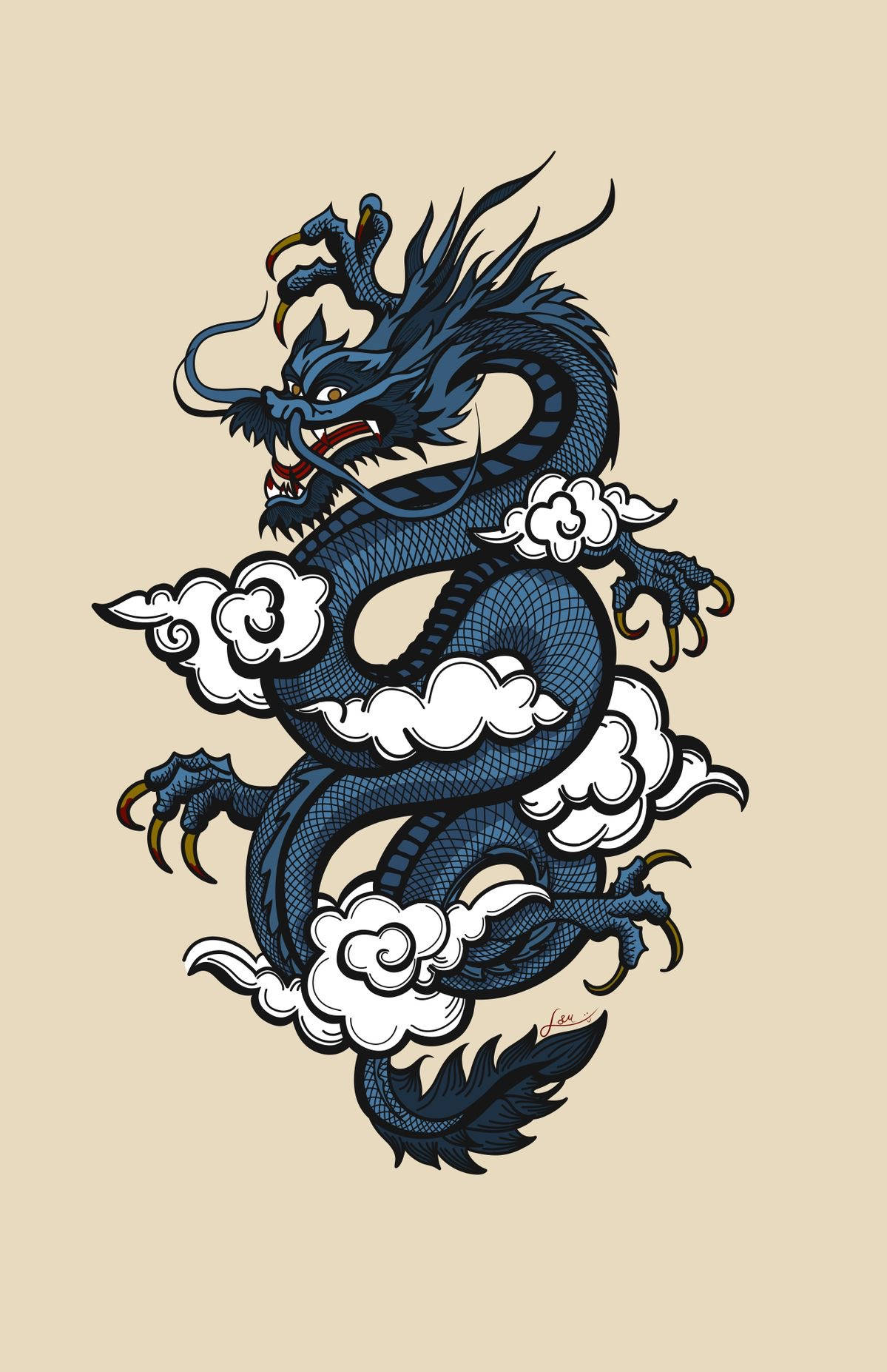 Blue Japanese Dragon Tattoo Vector Art Wallpaper