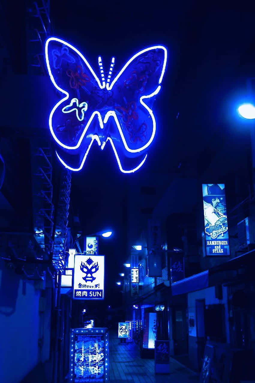 Blue Neon Butterfly Alley Wallpaper