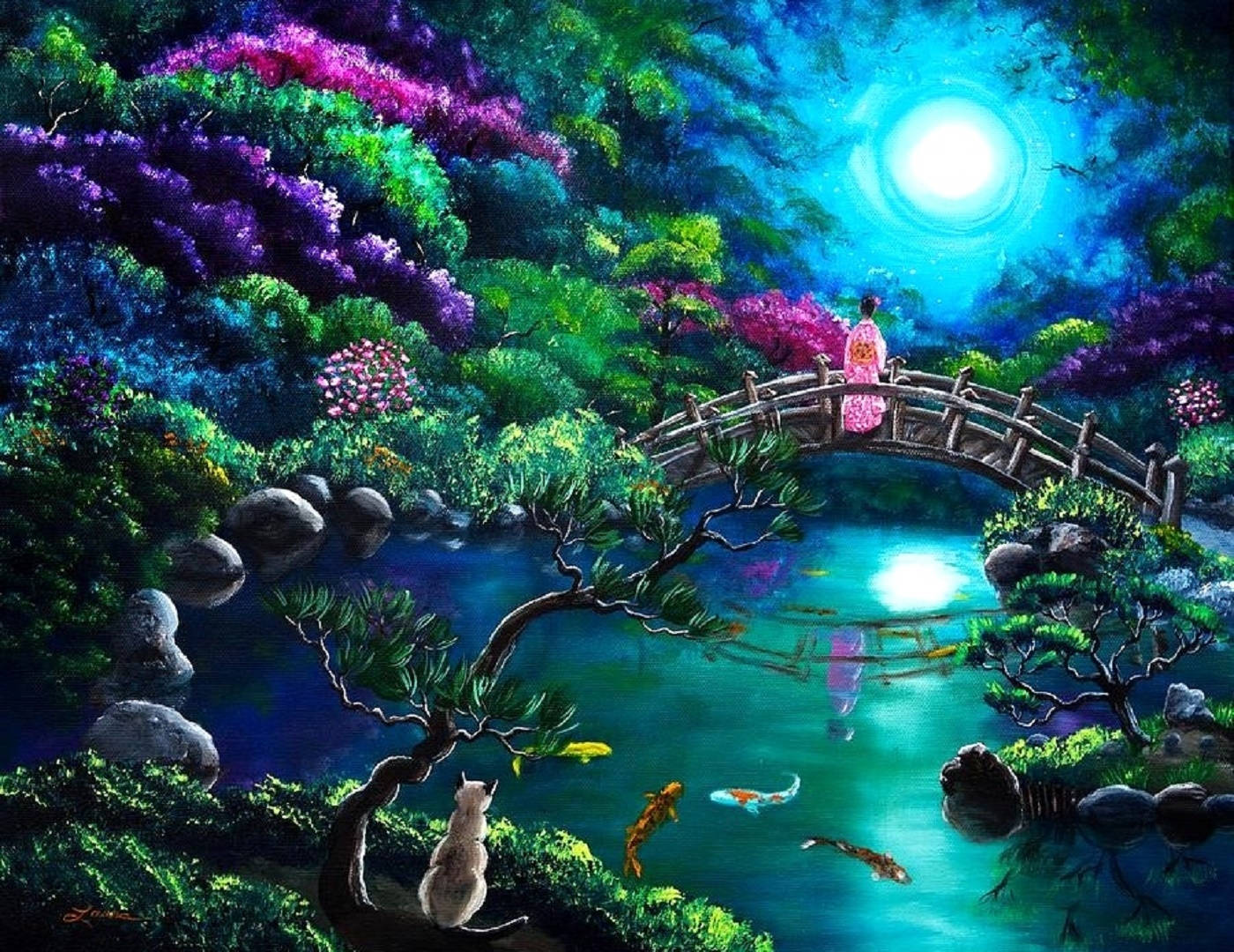 Bridge And Pond Under Moonlight Wallpaper