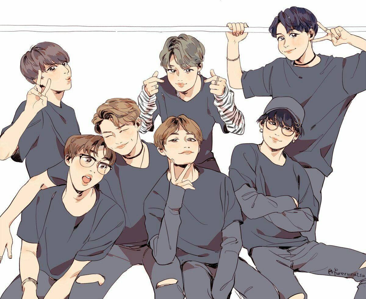 Bts Anime In Gray Shirts Wallpaper