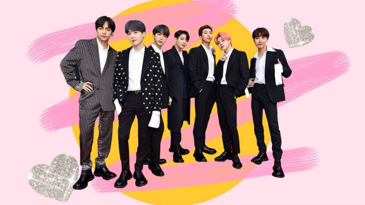 Bts Group Against Cute Pink And Yellow Brush Backdrop Wallpaper