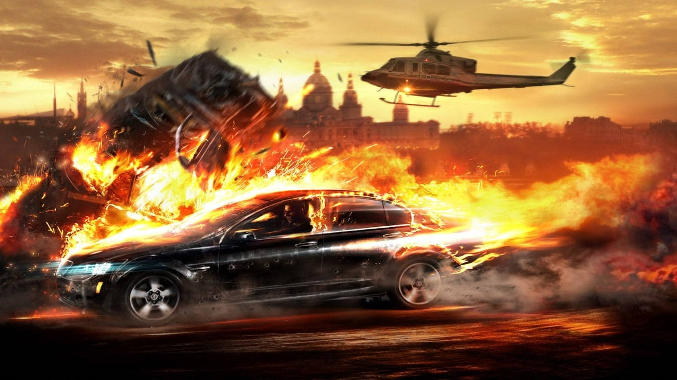 Burning Fire Car Running From Helicopter Wallpaper