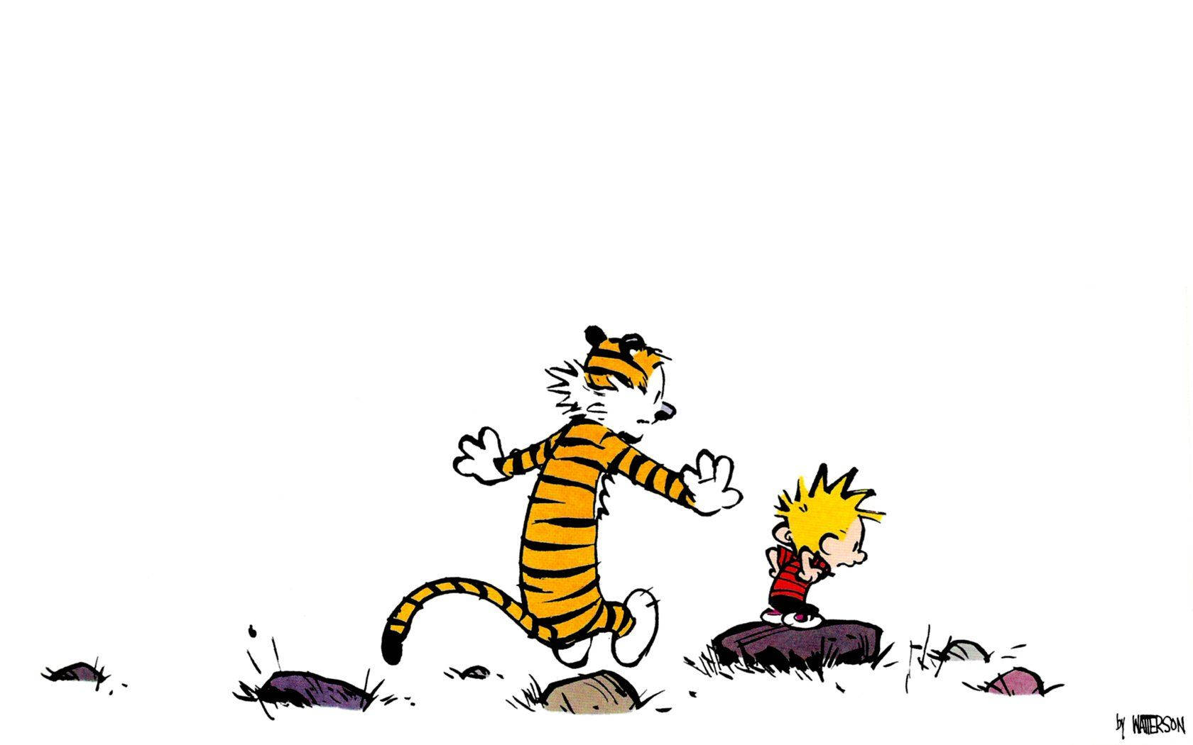 Calvin And Hobbes Hopping On Stones Wallpaper