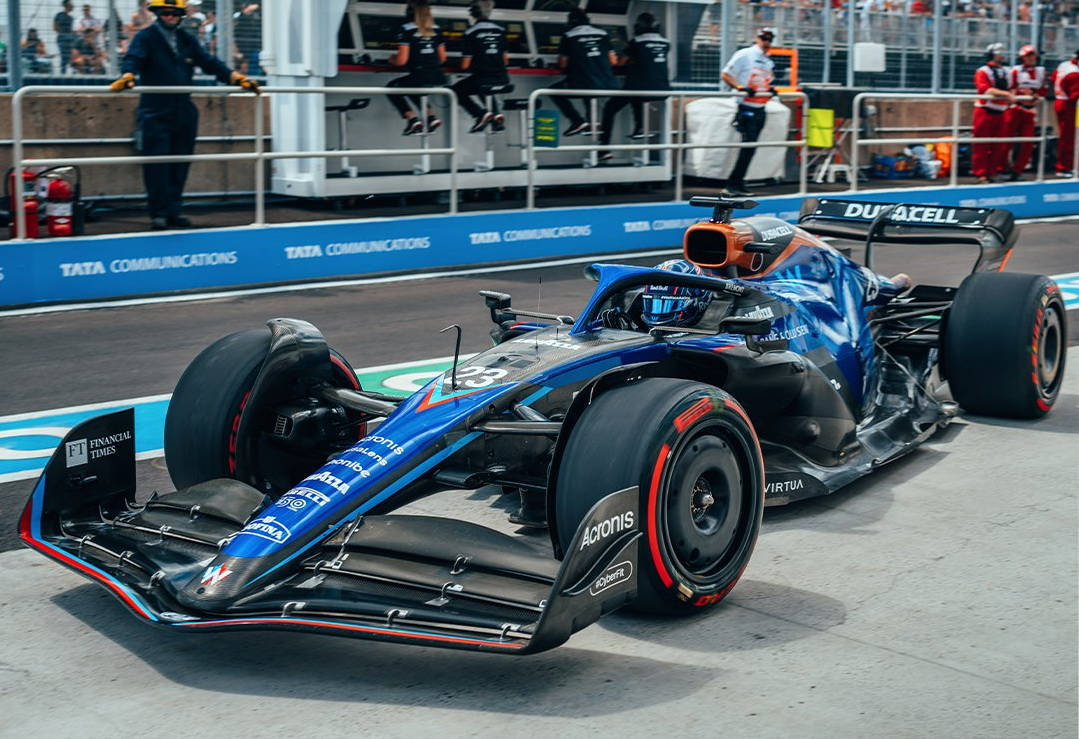 Caption: Alexander Albon Speeding In A Blue F1 Race Car Wallpaper