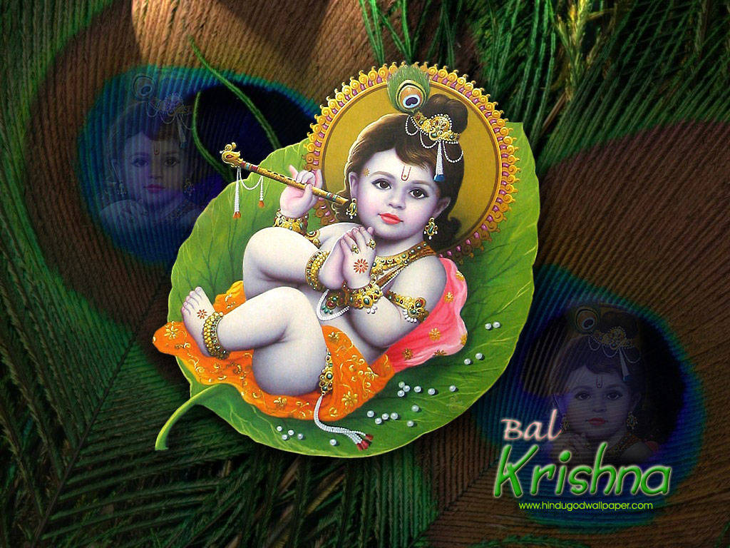 Caption: Divine Bal Krishna Resting On A Peepal Leaf Wallpaper