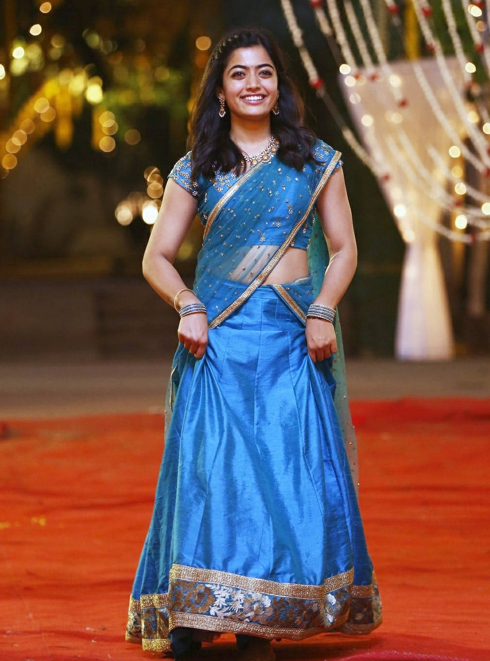 Caption: Graceful Telugu Heroine In Blue Sari Wallpaper