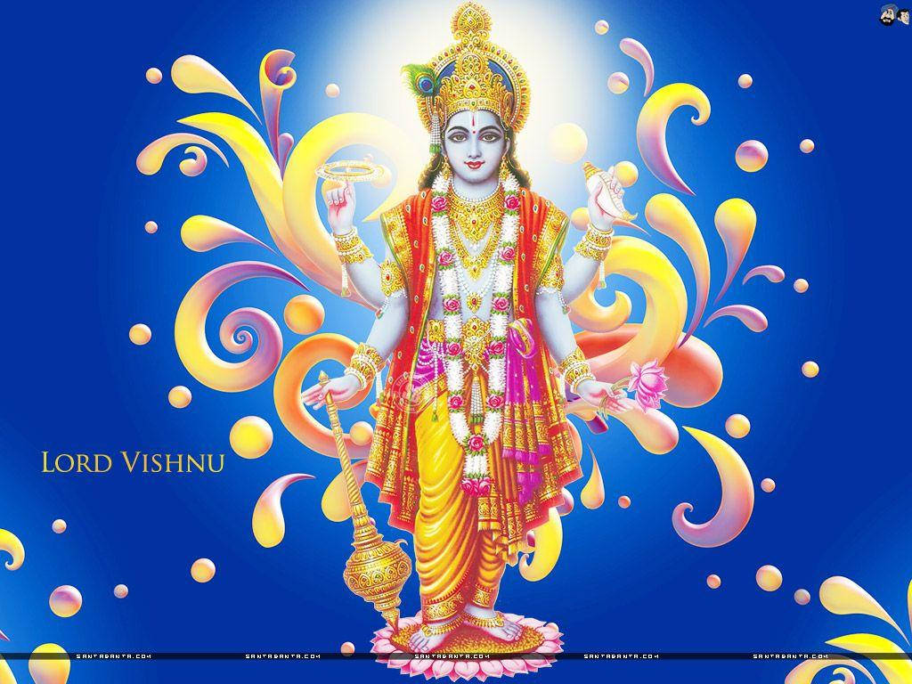 Caption: Serene Vishnu Adorned With Floral Garlands Wallpaper