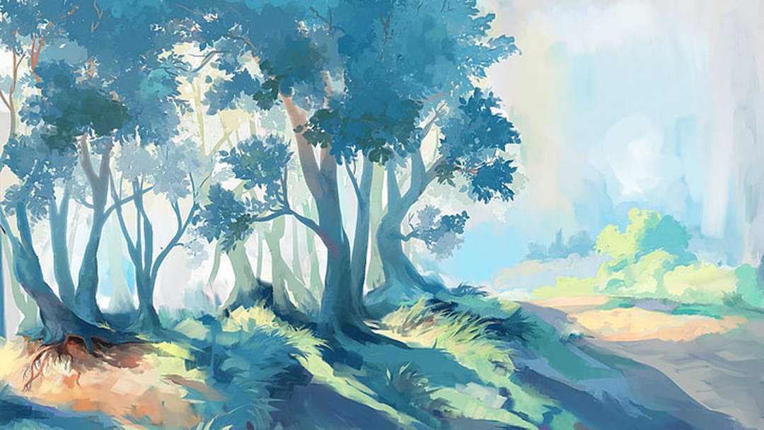Caption: Tranquil Forest Landscape In Blue Tones Wallpaper