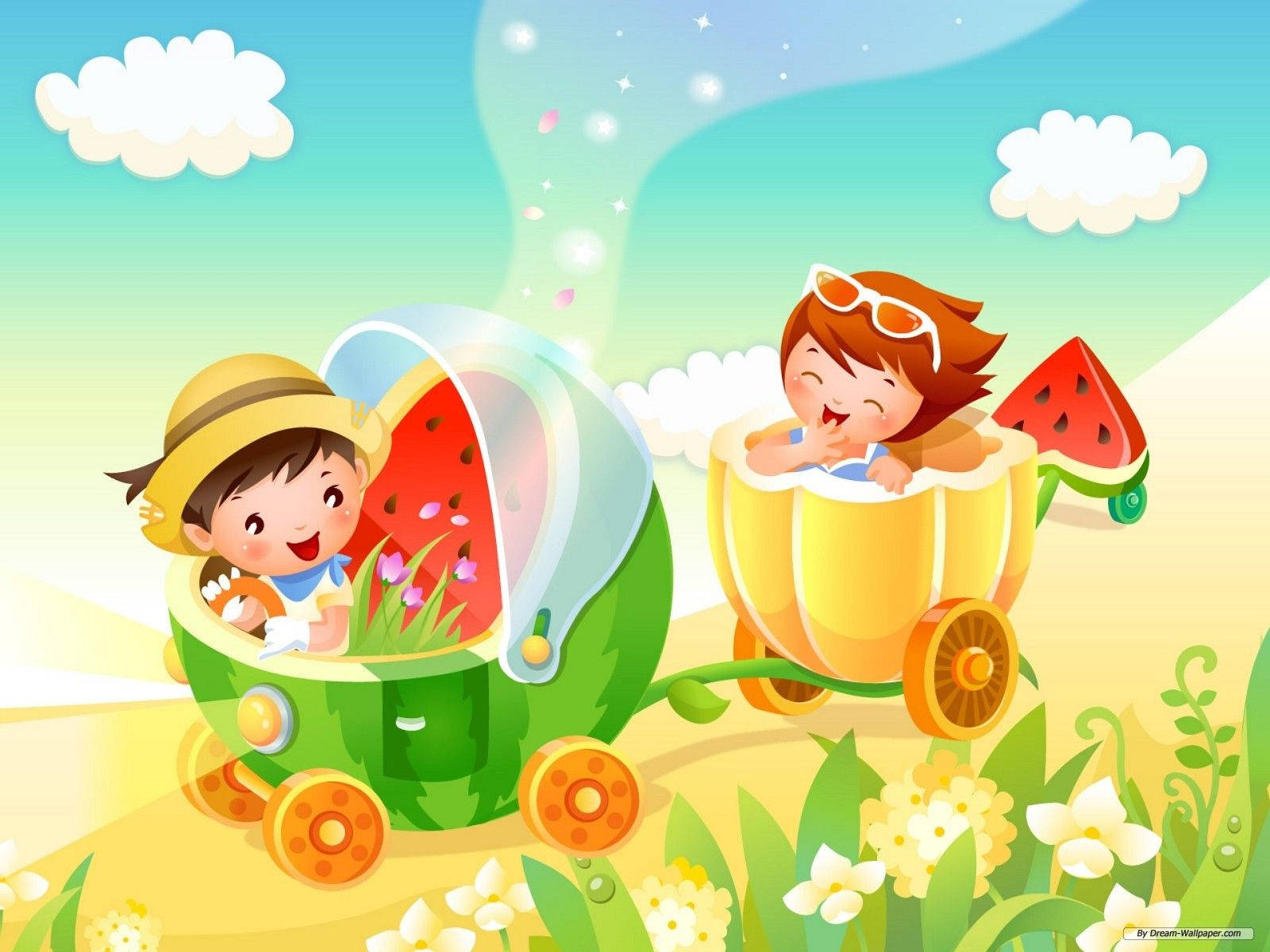 Cartoon Children On Fruit Vehicles Wallpaper