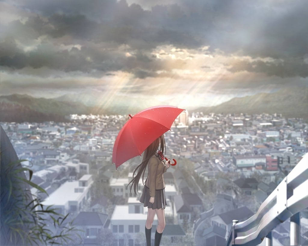 Cartoon Girl Alone With A Red Umbrella Wallpaper