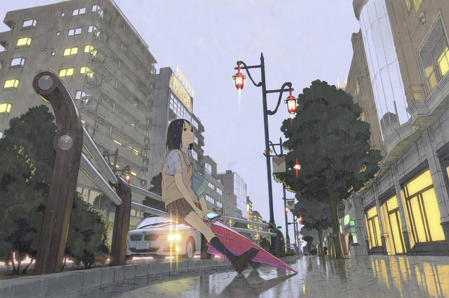 Cartoon Girl With Umbrella Alone On Street Wallpaper